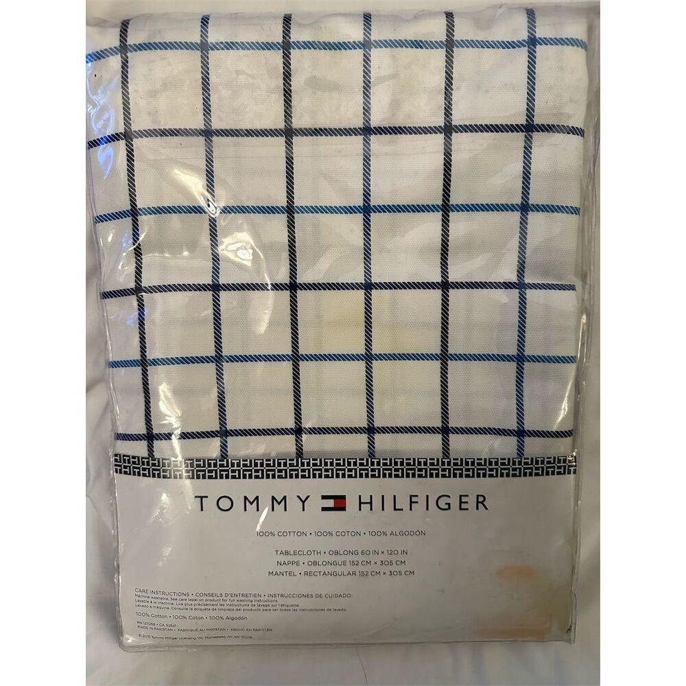 Tommy Hilfiger Blue Checked Oblong Tablecloth Dining Room Decor